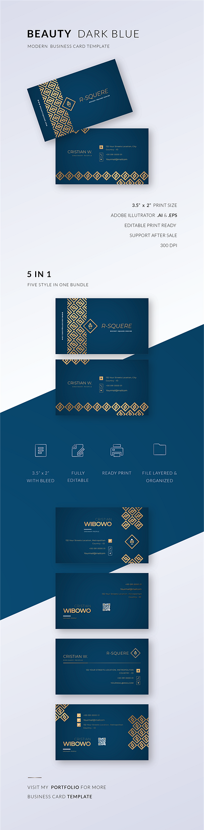 BEAUTY DARK BLUE BUSINESS CARD beauty blue branding business card classic clean creative dark design gold graphic design horizontal logo pattern simple vector