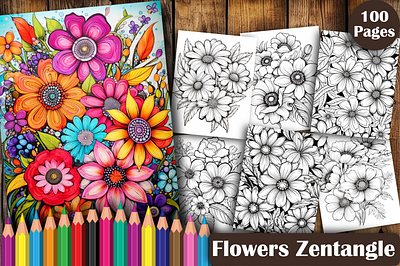100 Flowers Zentangle Coloring Book coloring pages coloring pages for adults graphic design