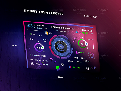 Smart Monitoring brand branding calendar date corsair lian li asus rog cpu gpu features futurist game gaming cs2 counter strike 2 gauge progress bar illustrator ai nvidia rtx 4070 photoshop psd print designer ram usage space rpm fans senior designer smart monitoring temp typo typography ui ux designer usage