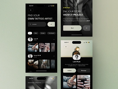 Tattoo App UI app application dark design interface minimal minimalism mobile onboarding platform product profile social social media tattoo ui ux