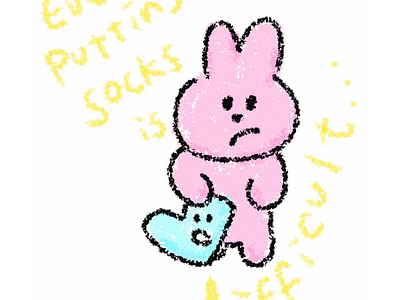 Putting on socks character cutedesign digitaldrawing drawing graphic design illustration kawaii mentalhealth mentalhealthjourney mentalwellbeing pastel rabbit