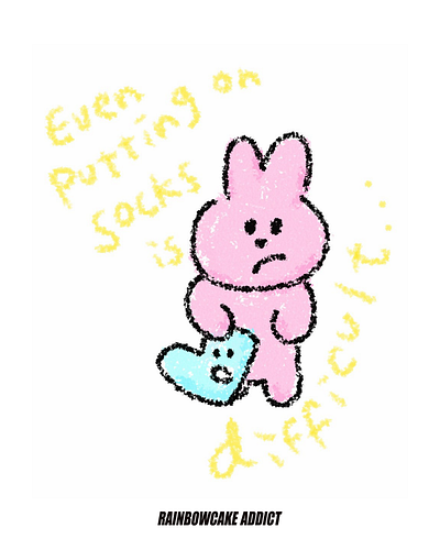 Putting on socks character cutedesign digitaldrawing drawing graphic design illustration kawaii mentalhealth mentalhealthjourney mentalwellbeing pastel rabbit