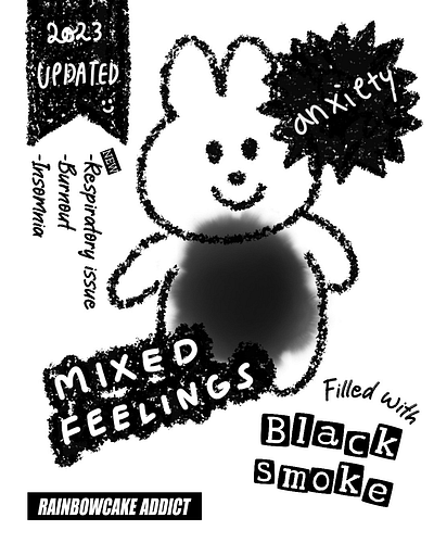 Me: updated in 2023 black character cutedesign digitaldrawing drawing graphic design illustration kawaii mentalhealth mentalhealthjourney mentalwellbeing pastel rabbit