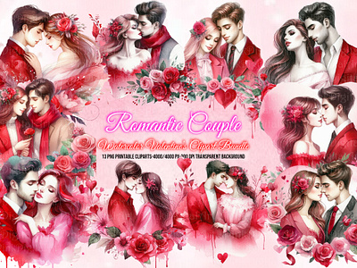 Watercolor Valentine Romantic Couple Clipart Bundle boyfriend