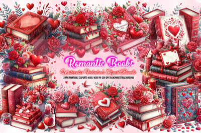 Watercolor Valentine's Romantic Books Clipart Bundle books