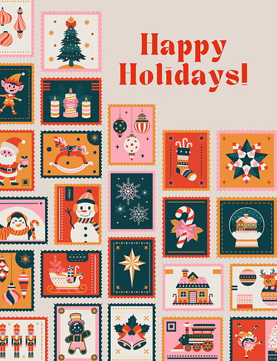 Beige Illustrated Happy Holiday Poster design elements festive holiday card graphic design illustration poster stamp post card vector