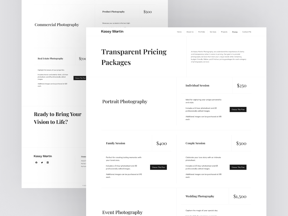Pricing Page Design of Photographer Portfolio Website colorless design inspiration light minimal my rate page photographer photographer portfolio portfolio portfolio website price pricing pricing page pricing page design template ui ux web website