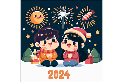 Happy New Year 2024 Party with Couple Illustration 2024 celebration christmas couple day event fireworks illustration new year party time vector