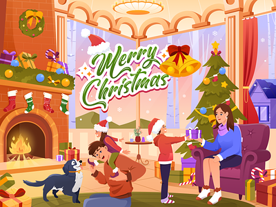 Merry Christmas Illustration 🎄 bells christmas dog family fireplace gifts holiday illustration jolly living room merry merry christmas new year orely presents santa season seasons greetings snow winter
