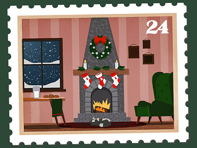 Waiting for Ole Saint Nick Stamp cat chair christmas cold cookies december design eve fireplace gif graphic illustration milk motion santa seasonal sleep stamp stocking winter