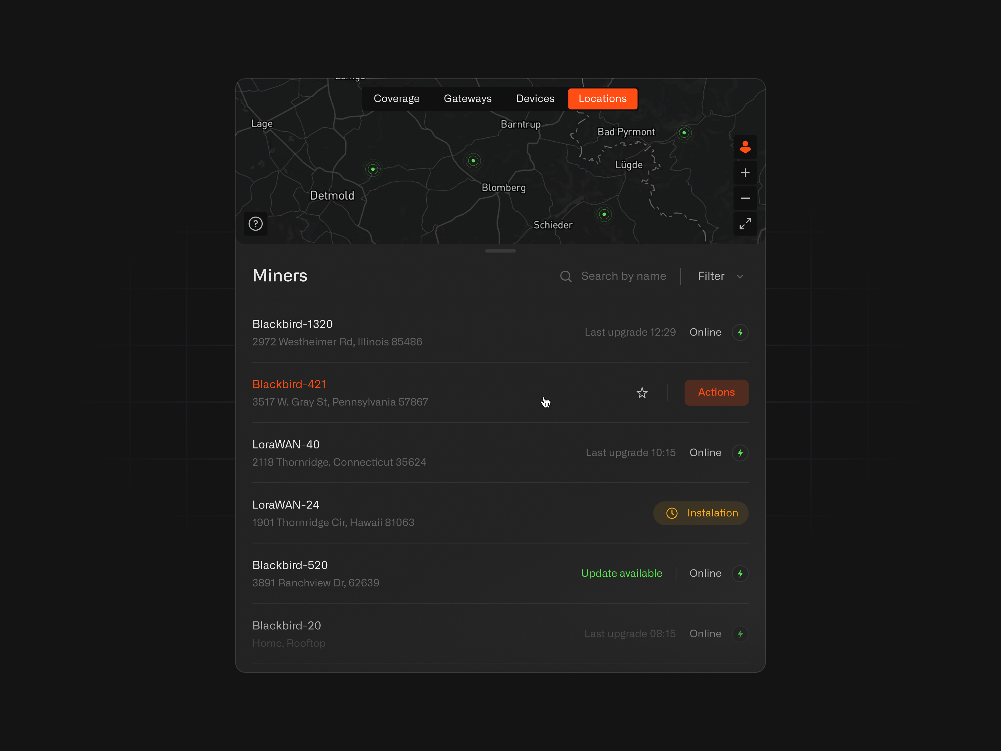 Dashboard with devices map interaction ai app branding card changelog crm dashboard design devices inspiration interface iot list map miners mobile panel search ui ux