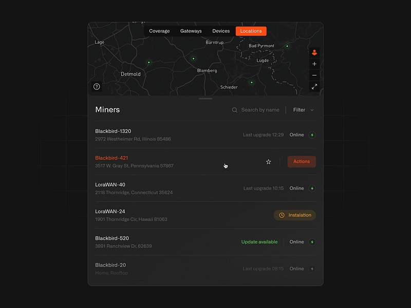 Dashboard with devices map interaction ai app branding card changelog crm dashboard design devices inspiration interface iot list map miners mobile panel search ui ux