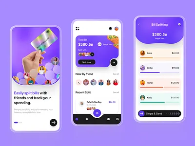 Bill Splitting App bill bill splitter app clean ui colour combination food ios minial ui design mobile app mobile ui online payment app split split bills transaction typography ui
