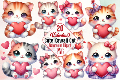 Watercolor Valentine Cute Kawaii Cat 3d animation app branding design graphic design illustration logo ui vector