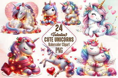 Valentine Cute Unicorns Clipart Bundle 3d animation app branding design graphic design illustration logo ui vector