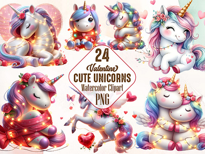 Valentine Cute Unicorns Clipart Bundle 3d animation app branding design graphic design illustration logo ui vector