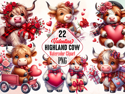 Valentines Highland Cow Clipart Bundle 3d animation app branding design graphic design illustration logo ui vector