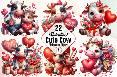 Watercolor Valentine Cute Cows Clipart 3d animation app branding design graphic design illustration logo ui vector