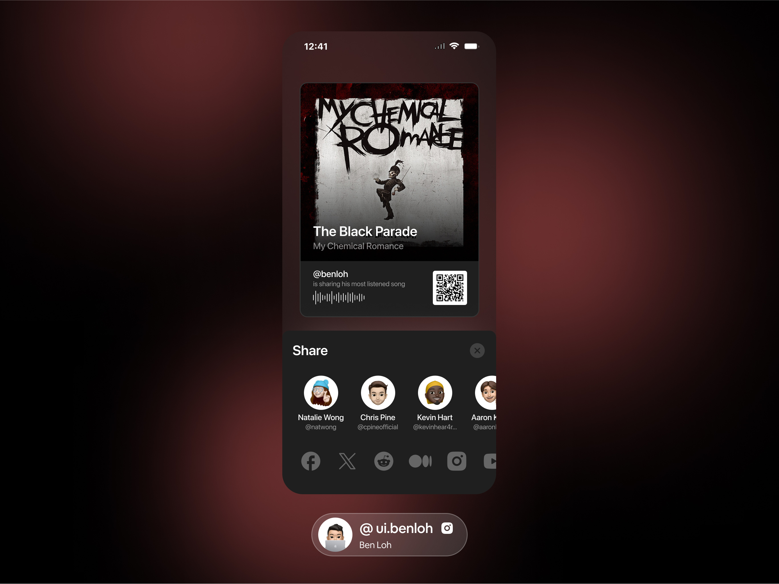 Music Sharing Sheet app design apple music dark mode design figma memoji mobile app music share social spotify ui uiux youtube music