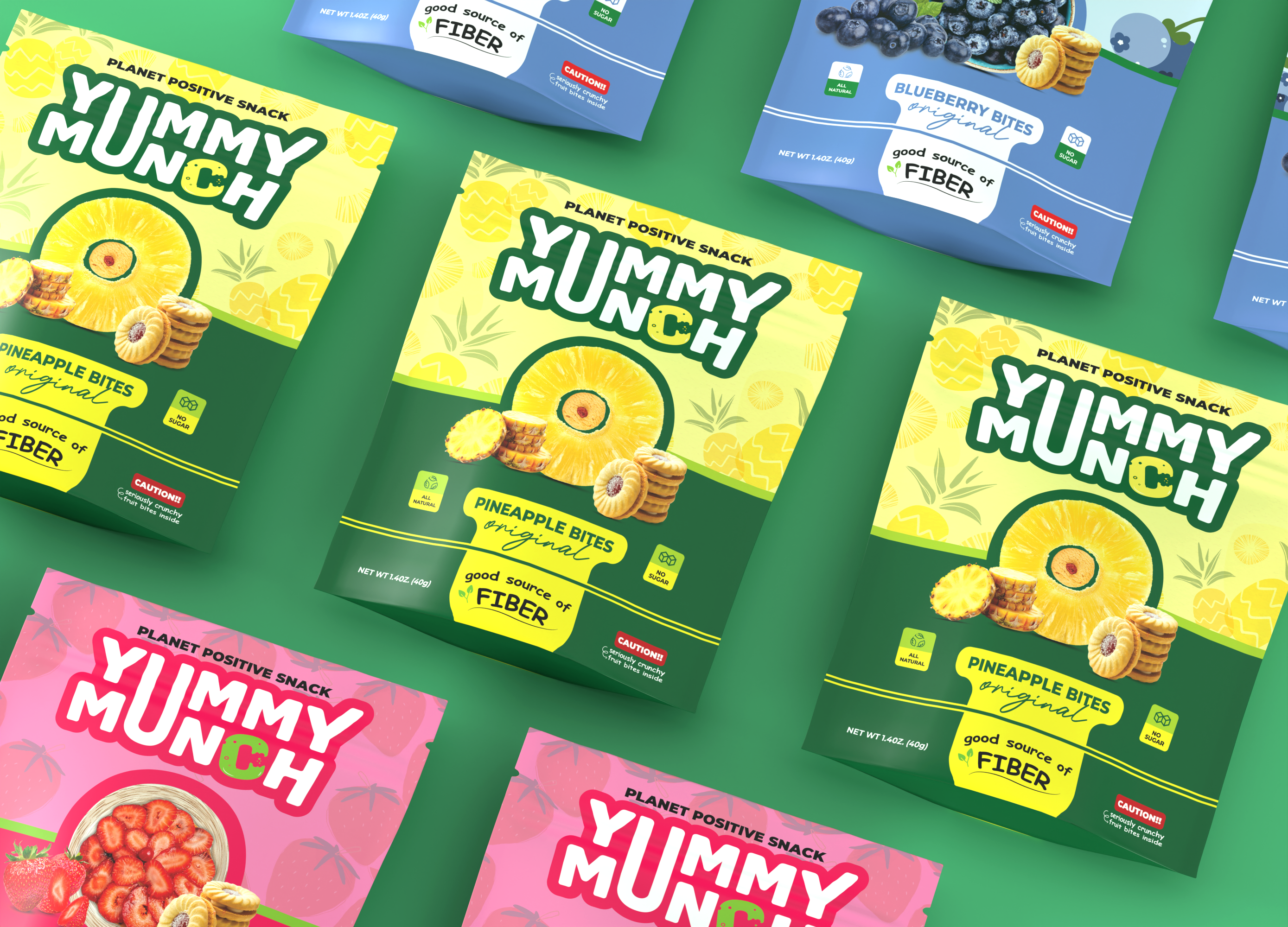 Yummy Munch Cookies Packaging blueberry cookies dry fruit food packaging fruits label design munch orange packaging design pineapple pouch design sachet design strawberry