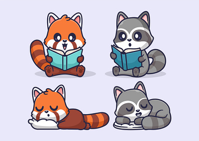 Reading and Sleep (Red Panda and Racoon Cute Illustration) animal branding cute design graphic design illustration logo mascot racoon red panda vector