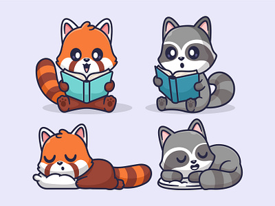 Reading and Sleep (Red Panda and Racoon Cute Illustration) animal branding cute design graphic design illustration logo mascot racoon red panda vector