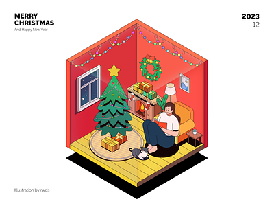 Merry Christmas cat christmas tree fireplace house illustration isometric merry christmas read