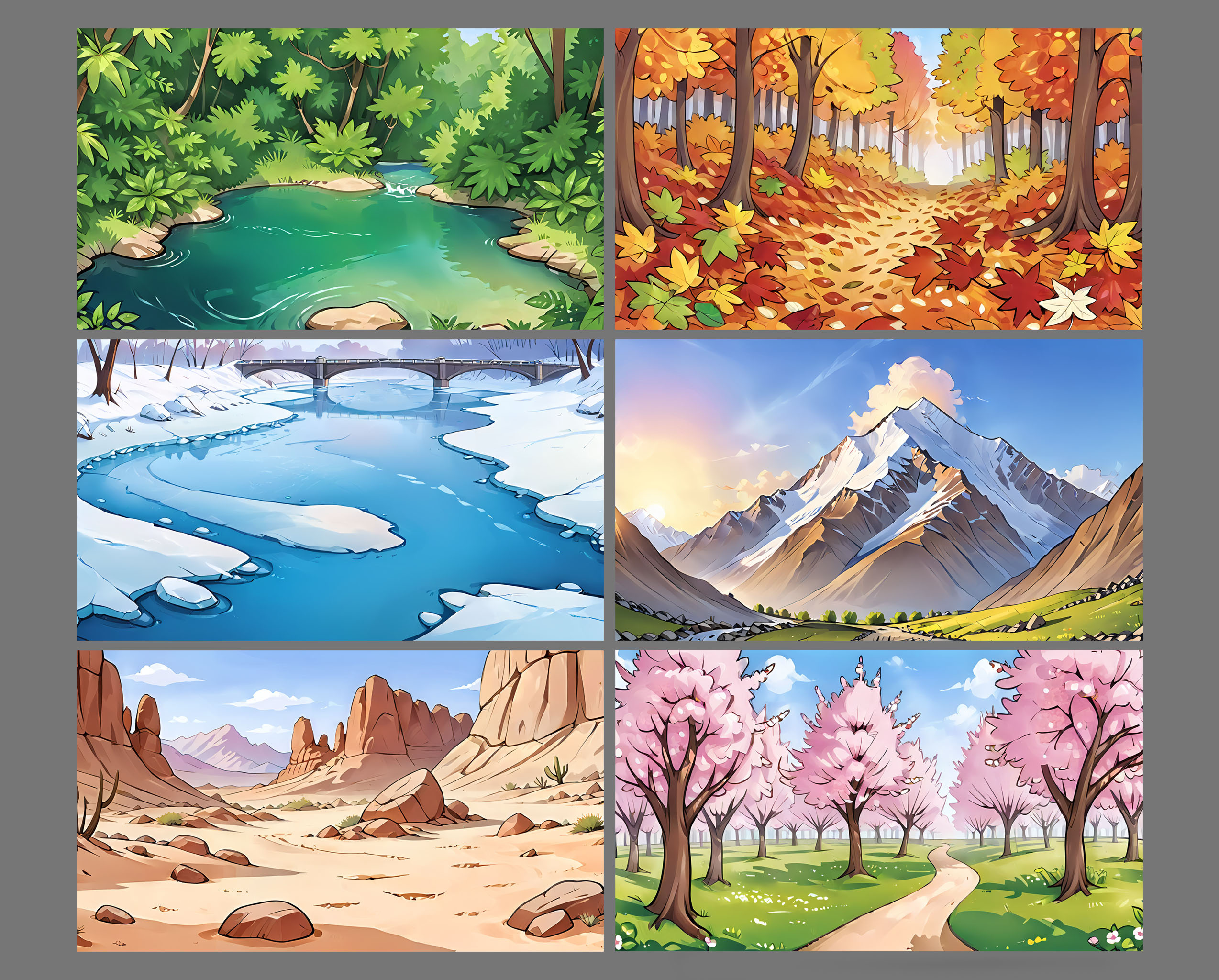 Hand Drawn Background Collection - AI Generated ai generated background fall hand drawn illustration mountain nature spring storybook summer sun trees winter