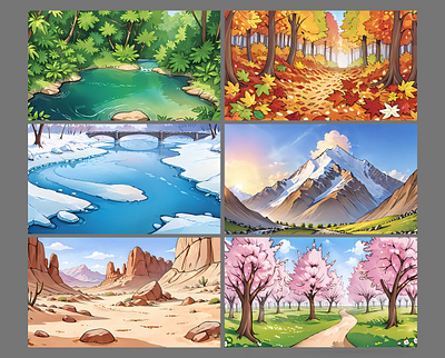 Hand Drawn Background Collection - AI Generated ai generated background fall hand drawn illustration mountain nature spring storybook summer sun trees winter