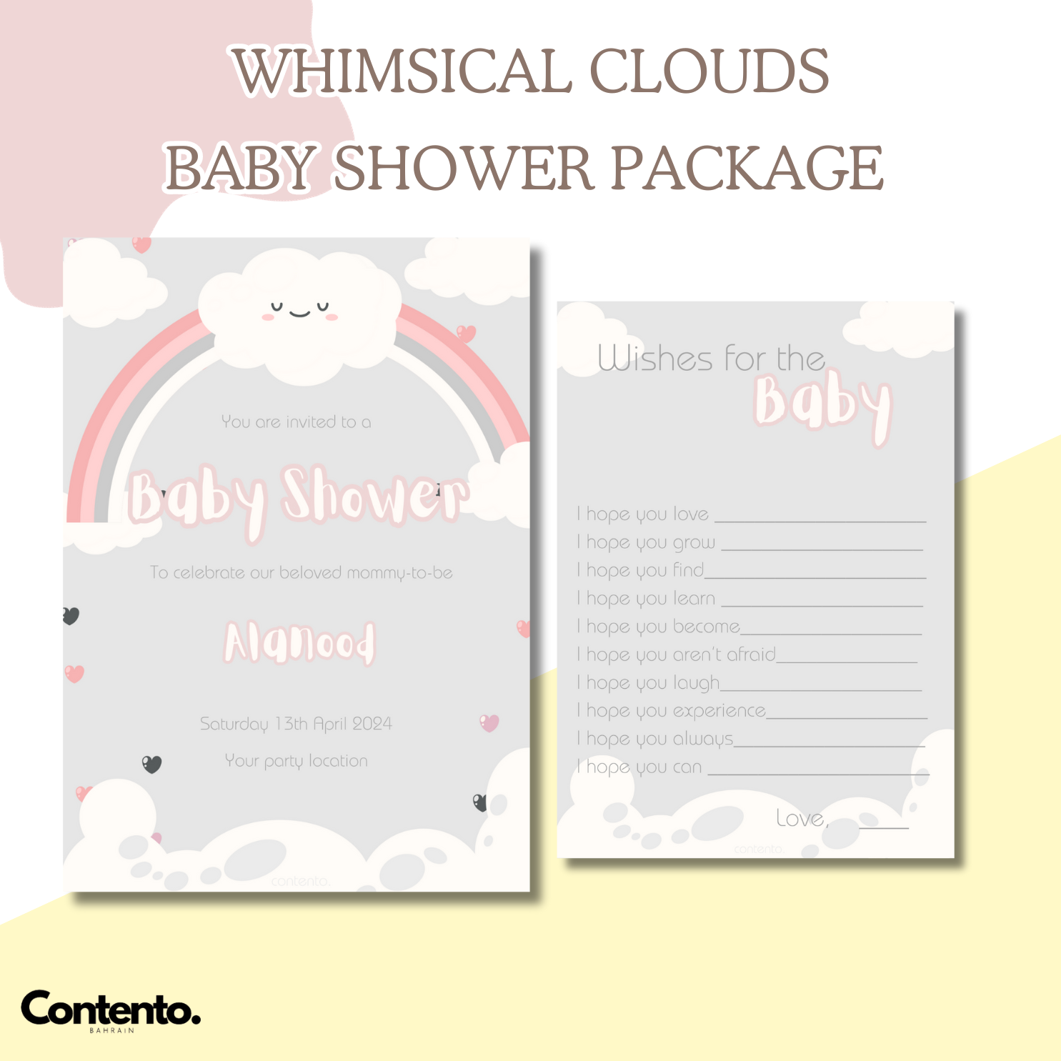 Whimsical Clouds Baby Shower Package baby shower baby shower games canva design english graphic design template