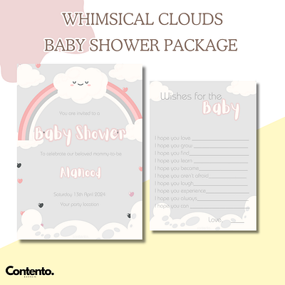 Whimsical Clouds Baby Shower Package baby shower baby shower games canva design english graphic design template