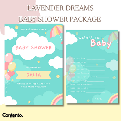 Lavender Dreams Baby Shower Invitation and 7 Games baby shower canva design english graphic design party printables template