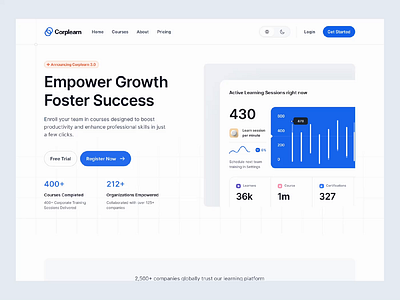 Corplearn - UI Entrance Motion ✨ after effects clean landing page landing page motion marketing page motion protopie saas smooth ui uidesign ux