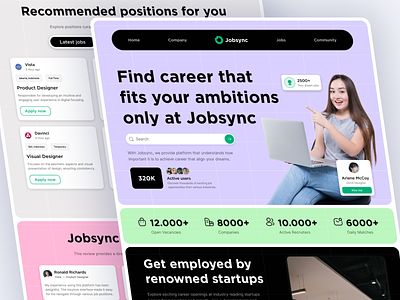 Landing Page - Job Finder Jobsync career clean design employment find jobs find work hiring platform job board job finder job listing job platform job portal job search job seeker jobs landing page minimalist recruitment web design work finder work hiring