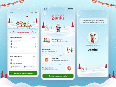 Christmas - Secret Santa Planner 2023 3d animation christmas game graphic design groups how ut works illustration mobile application motion graphics product design santa group secret santa snow fall ui