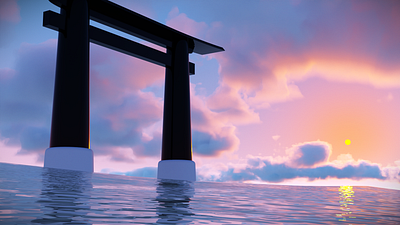 Shrine above ocean 3d aesthetic blender graphic design japan shrine ui