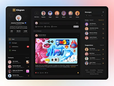 Kilogram: Social Network 3d communication connect contacts content dark desktop feed follow instagram interface media messages network post social twitter ui ux web