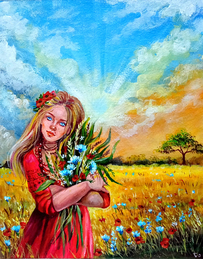 Original acrylic Ukrainian painting, Girl with flowers, Ukraine hand painted illustration nature paint painting style