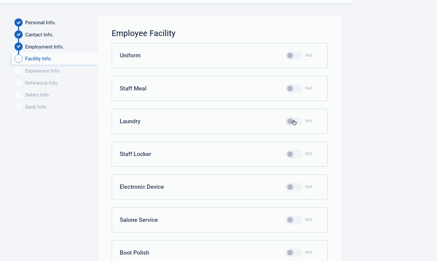 HR Management Employee Facility Setup admin admin setup animation design employee hotel management system hr hrm motion graphics on boarding saas ui user setup ux web application