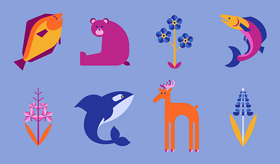 Alaska Icons adobe adobe illustrator alaska animal bear colorful design fish flower geometric graphic design halibut icon icon design illustration moose salmon whale