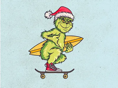 Surfer Grinch christmas christmas card creative art grinch grinch surfer merry christmas mr grinch skate art skate christmas skateboarding surf christmas surf illustration surfing