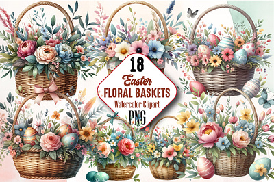 Watercolor Floral Easter Baskets Clipart 3d animation app branding design graphic design illustration logo ui vector