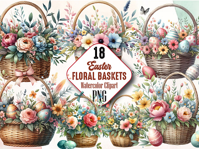 Watercolor Floral Easter Baskets Clipart 3d animation app branding design graphic design illustration logo ui vector