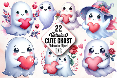 Cute Ghost Valentine Watercolor Clipart 3d animation app branding design graphic design illustration logo ui vector