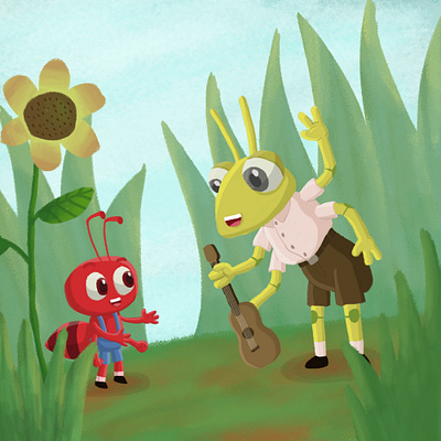 The Ant and the Grasshopper Tale ant book children design forest grass grasshopper illustration kids