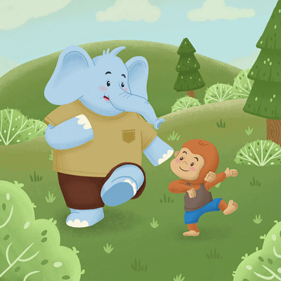 The Friendship of Elephant and Monkey book children design forest illustration kids