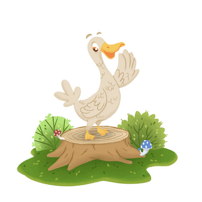 Cheerful Duck Standing on a Tree Branch book children design duck forest illustration kids