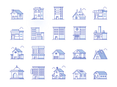 BUILDING ICONS appartment building cabin clinic crush garage home hospital hotel house market mousque office police school shop store