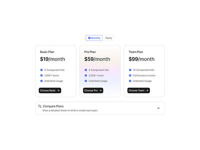 Pricing Plan Section app clean component design design system figma icon landing page modal page payment plan platform pricing section ui ui design ui kit website widget