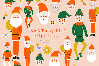 Santa Elf Christmas Vector Illustrations Xmas card cards christmas claus decor elements elf gifts illustrations santa snow snowflakes stars vector winter xmas